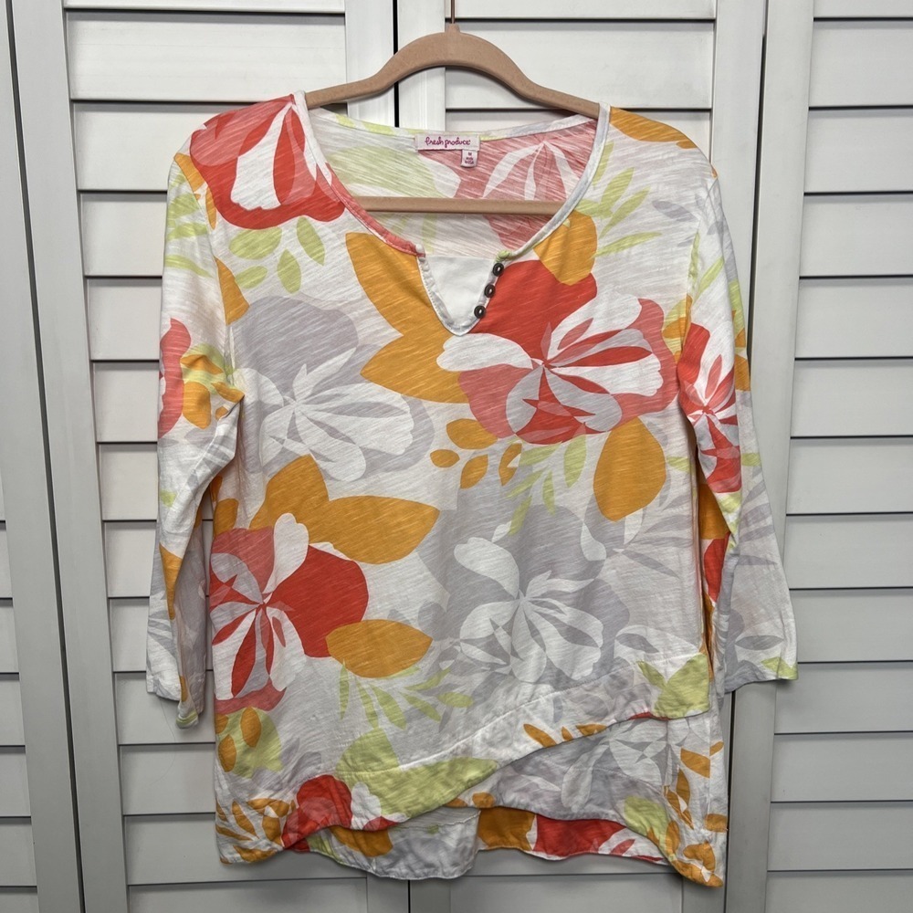 Floral Button-Accent Lightweight Women's Top - Orange/Red/Green